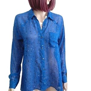 Express Sheer Long Sleeve Blue with Star Print Size Small Petite